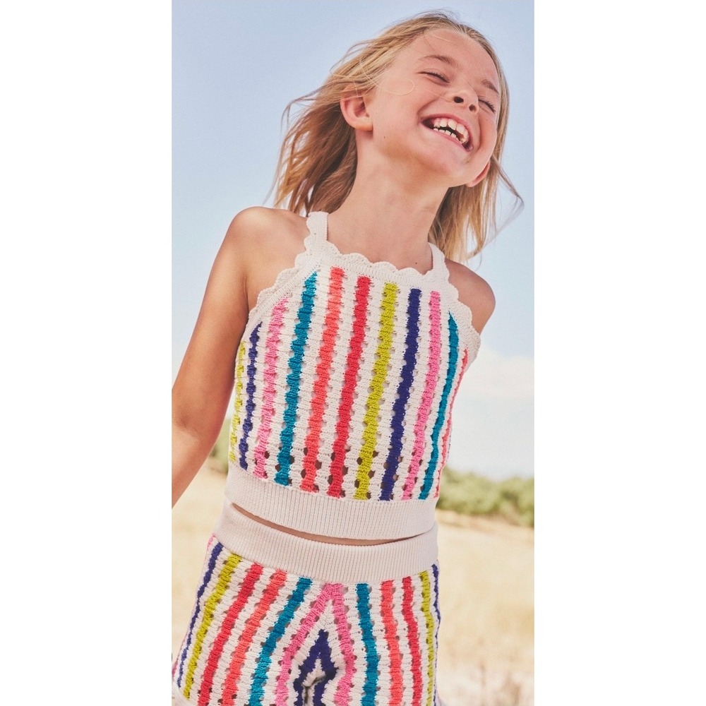 Mini Boden‎ Girls Crochet Knit 2-Piece Set Rainbow Stripe Top Shorts 3-4Y